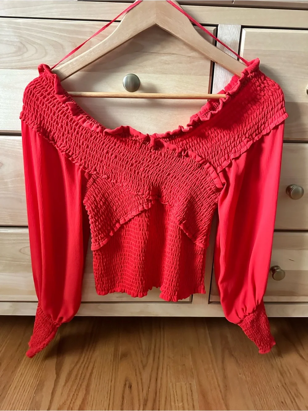 Anthropologie, Steve Madden Smocked Off-Shoulder Long Sleeve Top